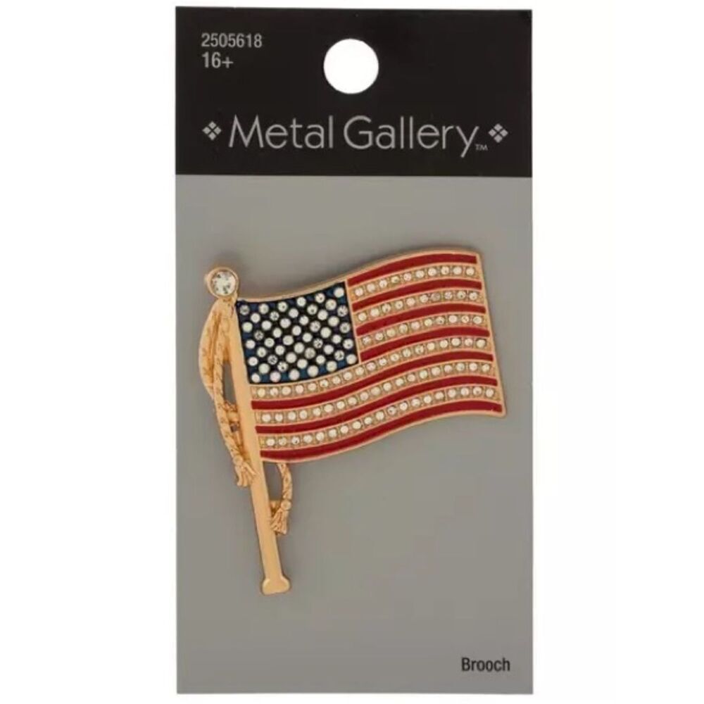 New Metal Gallery American Flag Rhinestone Brooch - Red, White, Blue, Gold